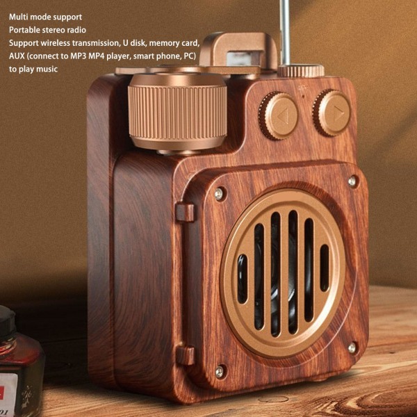 Retro Bluetooth-høyttalerradio i treverk med HiFi-lyd uten tap, støtter U-diskminnekort Bluetooth-høyttaler med FM-radio