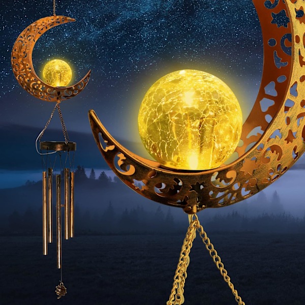 Måne Vindspel - LED Crackle Glaskula, Ihålig Måne Design i Metall, Utomhusdekor för Trädgård, Uteplats, Gård - Melodisk Vindklocka, Nig moon