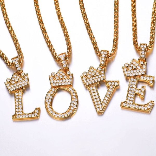 Kruunun alkukirjain A-Z kaulakoru, jäädytetty kirjainriipus 22-24 tuuman ketjulla, miehet naiset Bling Hip Hop aakkoset nimi korut lahja suuret alkukirjaimet kaulakorut H 18K Gold