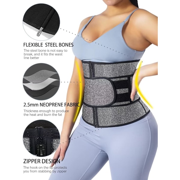 Neopren Taljetræner til Kvinder Slankning Body Shaper Talje Trimmer Cincher Svedbælte Gray With Zipper XL