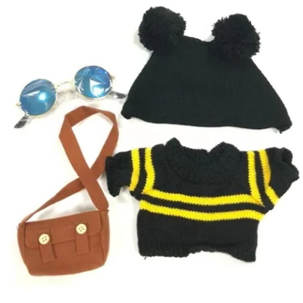 Täytetyn ankan nuken vaatteet Musta hattu Pusero Ruskea laukku Aurinkolasit Muodikkaat pehmolelun vaatteet