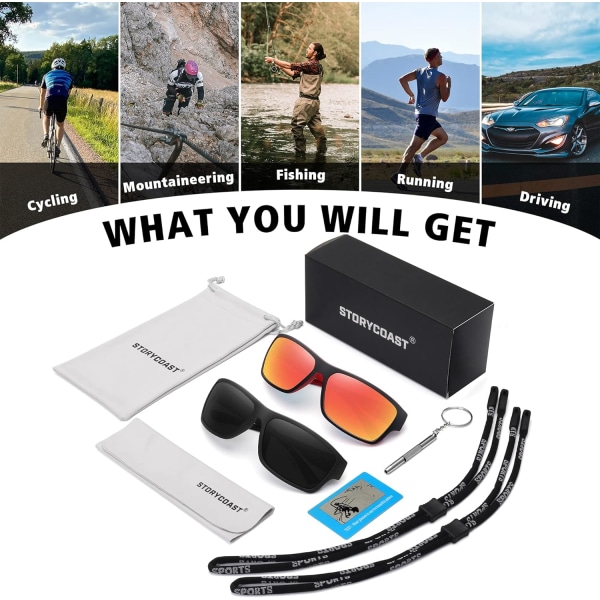 Polarisoidut urheiluaurinkolasit miehille ja naisille, rikkoutumaton kehys, pyöräilyyn, kalastukseen ja ajamiseen pack Black & red Mirror
