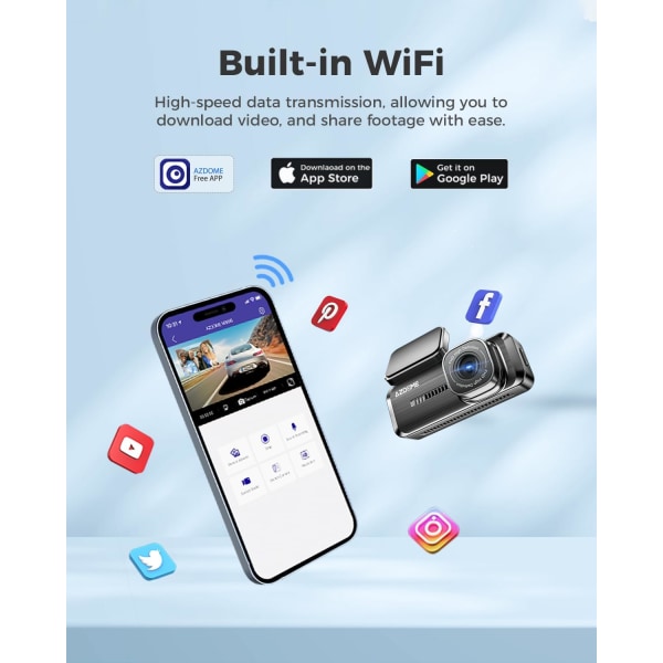 WiFi 1080P FHD -auton kojelautakamera, 150° laajakulmainen kojelautakamera edessä, 24 tunnin pysäköintitila autokamera APP G-anturilla Silmukka tallennus Yökuvaus, Suppo