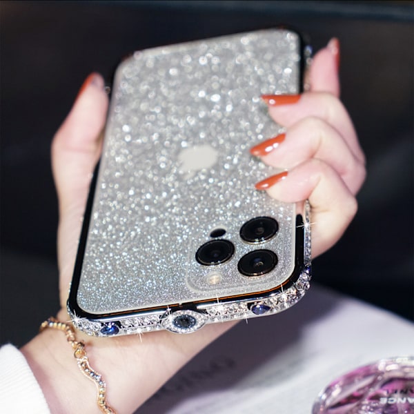 Bling Glitter Skal till iPhone 13 Pro Max, Silvrigt Stjärn Diamant Skal med Pläterad Metall Bumper Ram Kant Skydd Flicka