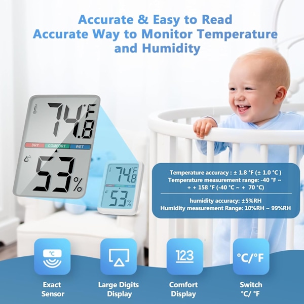 Digital Hygrometer Termometer med Stor LCD-Skärm - Hög Noggrannhet Inomhustemperatur & Luftfuktighetsmätare för Hem, Kontor, Växthus white1pcs