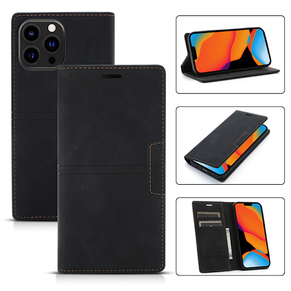 Etui til iPhone 13 Pro med kortholder, sort PU læder etui, Wallet Flip til Apple iPhone 6,1 tommer