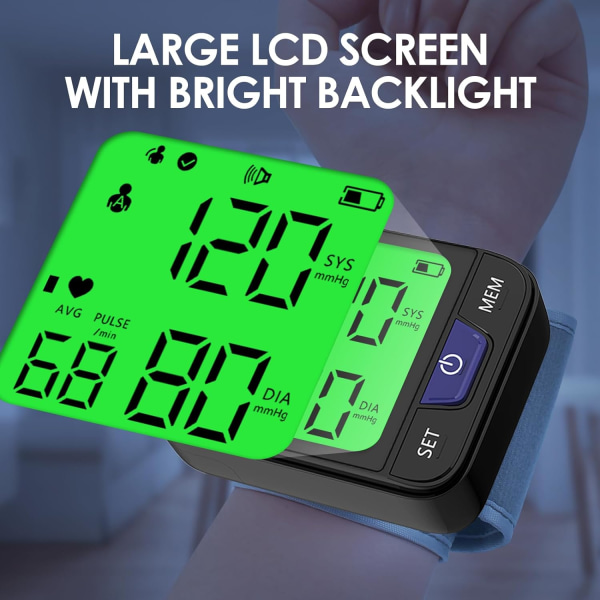 Blodtrycksmätare för handleden med LCD-skärm, blodtrycksmanschett för handleden 120x2 avläsningsminne handledsmätare med bärväska