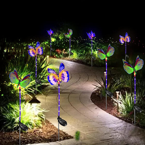 Hagesolcellelamper, 3 roms sollamper med skiftende flerfarget LED-sommerfugl, dekorativ smug