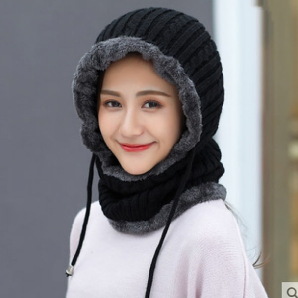Ski Face Cover Vinter Beanie Hattar för kvinnor med luva i thermal fleece Stickad halsvärmare Vindtät Snood Face Cover Hatt marinblå