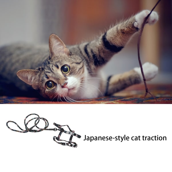 Japansk stil katt justerbar sele og bånd sett bryst tilbake trekk katt gåtur tau Black Flower M