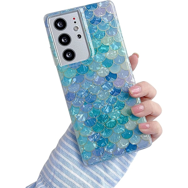 Kompatibel med Samsung Galaxy S22 Ultra 5G 6.8 tum Skal Lyx Elektropläterad Sjöjungfru Fiskskal Mobilskal blå Gradient för Wo