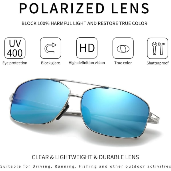 Ultra lette rektangulære polariserede solbriller UV400 beskyttelse Silver Frame Blue