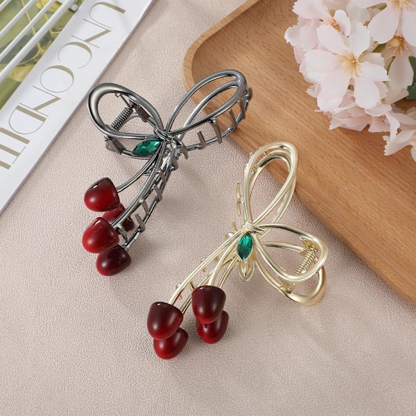 Hårklemme til kvinder og piger, 2 stk. Kirsebær store skridsikre stærke metal sommerfuglehårklemmer med glitrende hold i håret Cherry-Red