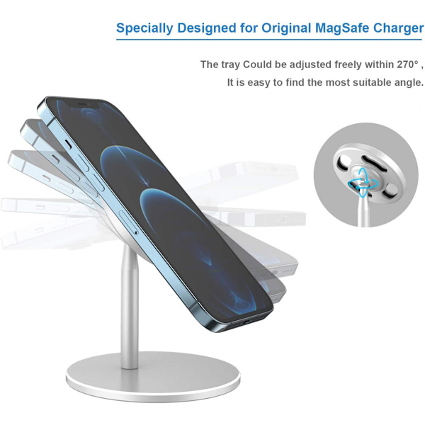 Mobiltelefonholder i aluminium for MagSafe-lader, kompatibel med Apple MagSafe-holder, fungerer med iPhone 12/Pro/Pro Max/Mini, stabilt skrivebord