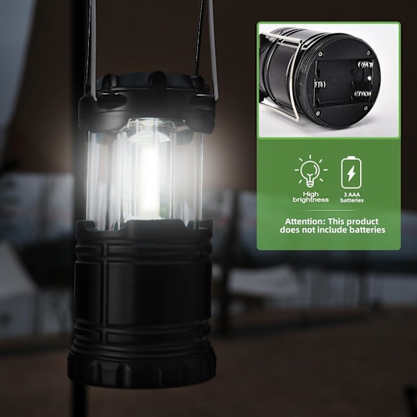 LED - 4 Hopfällbar Campinglykta - Batteridriven Super Stark LED för Strömavbrott, Nödsituationer & Utomhusbruk Black
