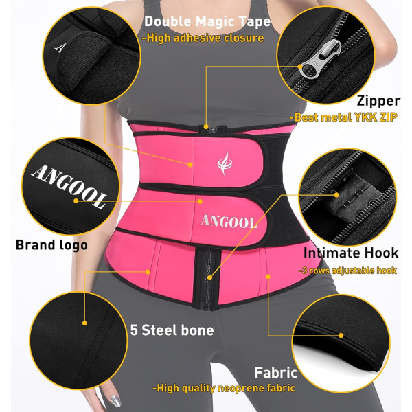 Neopren midjetränare för kvinnor, träningsplusstorlek trimmerbälte bastu svettkorsett midjeremsla med dragkedja Pink S