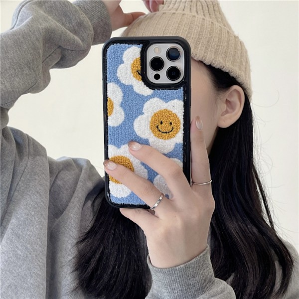 Sød Blomst Håndklæde Broderi Blomster Etui Kompatibelt med iPhone 11 Smiley Face Mønster Vinter Blød Stødsikker Bagside Cover til iPhone