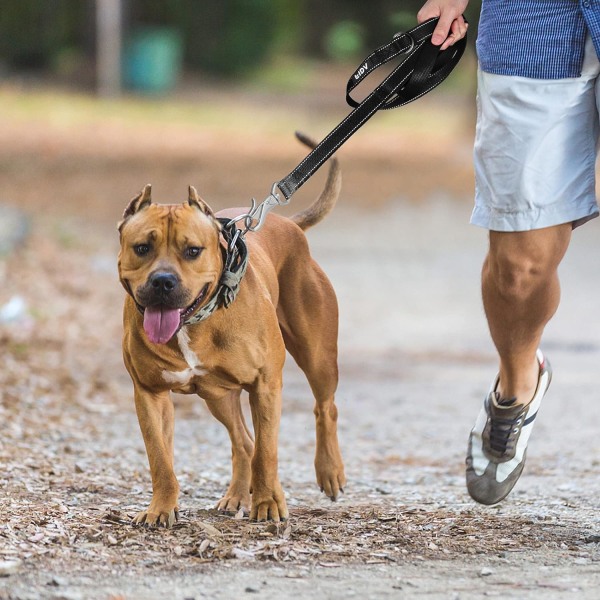 5 FT Heavy Duty Hundekobbel med 2 komfortable polstrede håndtak, trafikkhåndtak og avansert enkel snørekrok, reflekterende gåbånd for store, mellomstore og små hunder Black 5 Feet