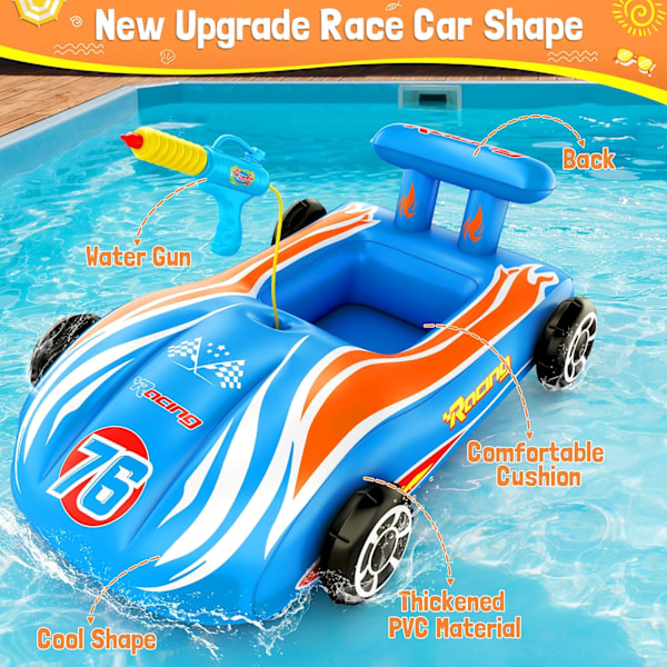 Oppustelig racerbil pool float med vandpistol - Sjov at ride på for børn i alderen 4 - 8, sommer udendørs swimmingpool legetøj til drenge og piger blue 47*10939cm