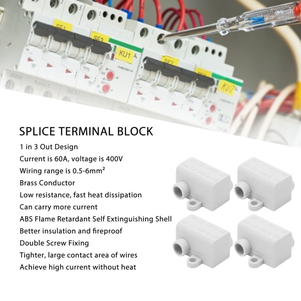 Splitter Wire Connector 1 in 3 Out Messing Conductor Quick Wiring Terminal Block for Taklampe 60A 400V 10stk
