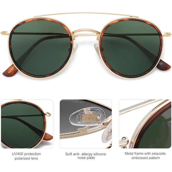Retro pyöreät kaksoissiltajouset polarisoidut aurinkolasit naisille ja miehille Vintage Circle UV400 Sunnies SJ1104 Brown Tortoise Green