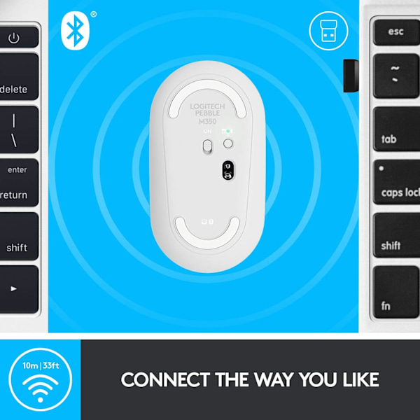 Logitech M350 Pebble -langaton hiiri Bluetooth- tai 2,4 GHz -vastaanottimella, hiljainen, ohut tietokonehiiri hiljaisilla napsautuksilla White