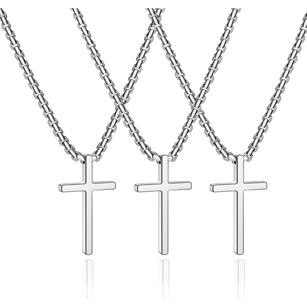 Korshalskjede for menn og kvinner i gull, sølv, svart rustfritt stål, sølvfarget korsanheng, enkelt og søtt halskjede for menn og kvinner, gullsmykke 3Pcs Silver 2.1X1.2in