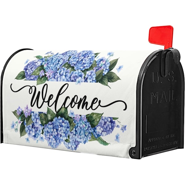 Magnetisk postkassedeksel for vårgården - 21x18 tommer, Hydrangea Blomst Velkommen Design for utendørs hjemmeinnredning Welcome-blue Hydrangea