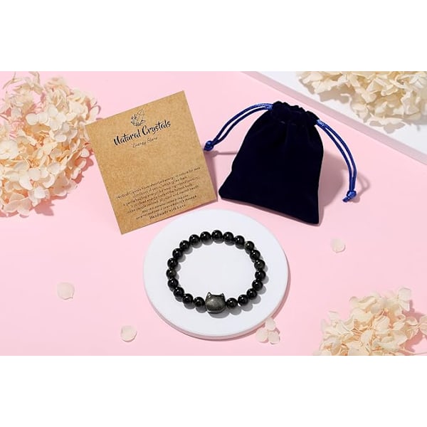 Katt Kristallarmband, Kattgåvor för Kvinnor, Damarmband, 8mm Pärlarmband Elastiskt, Damarmband Smycken, Söt Katt black