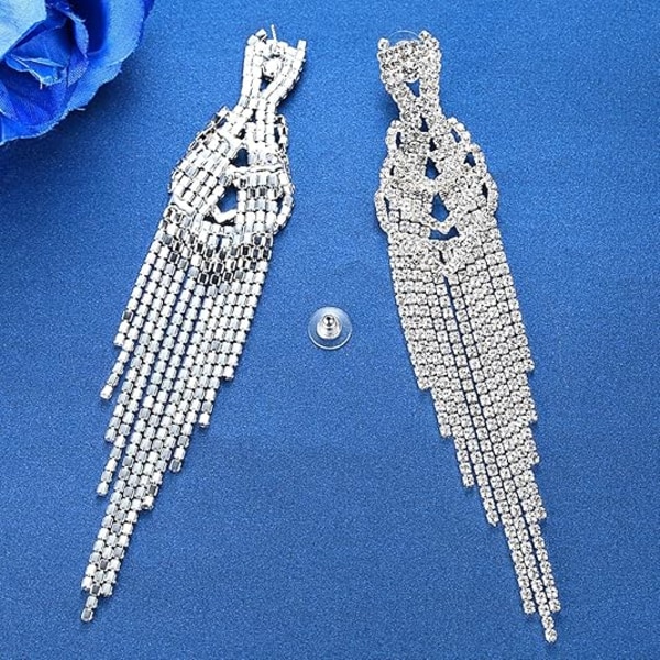 Silver Rhinestone Crystal Bridal Chandelier Long Tassels Dangle Earrings for Wedding