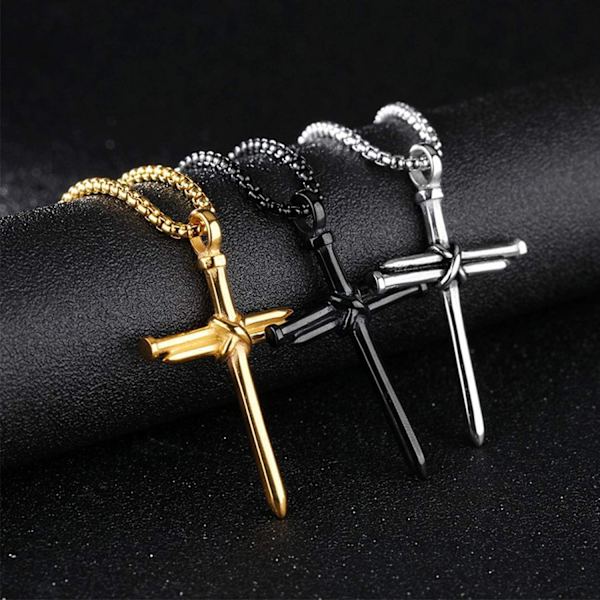 Korshalskjede for menn Korsanheng STYRKE Bibelvers Rustfritt stål Halskjede Nail Silver Cross