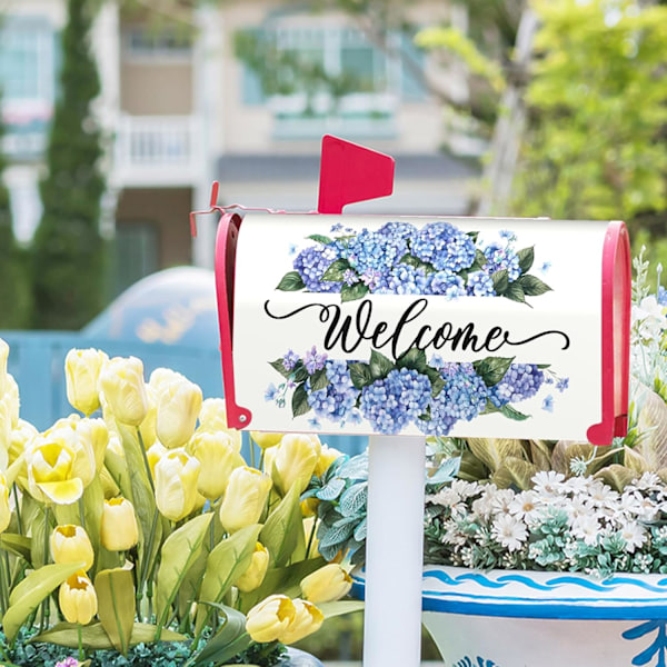 Magnetisk postkassedeksel for vårgården - 21x18 tommer, Hydrangea Blomst Velkommen Design for utendørs hjemmeinnredning Welcome-blue Hydrangea