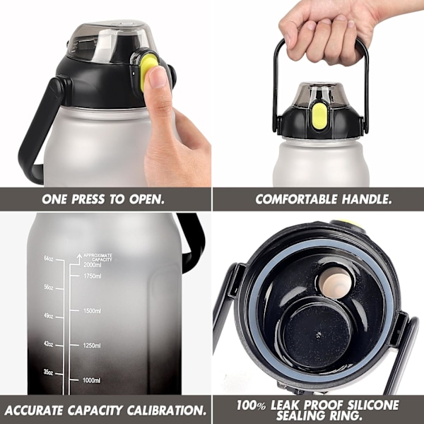 Vattenflaska 2L med Sugrör, 100% Läcksäker Vattenflaska, BPA-fri Vattenflaska, Anti-sprickbildning Dricksflaska för Daglig Användning, Fitness black