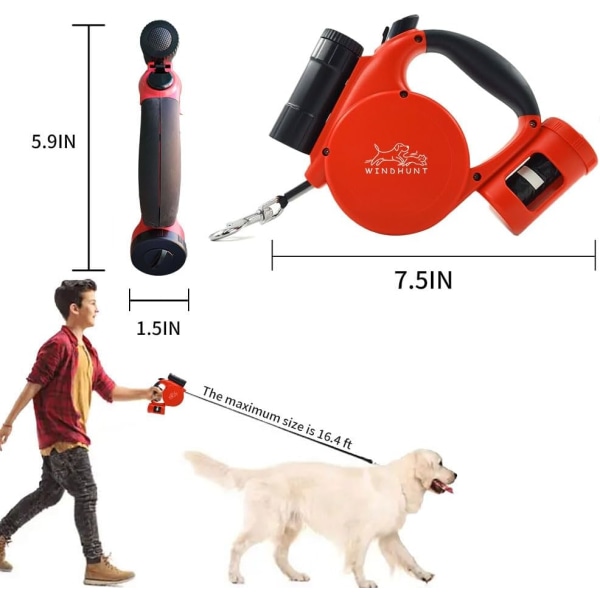 Inntrekkbar hundekobbel med lommelykt, dispenser og hundepose, slitesterk nylonbånd for små og mellomstore hunder og katter, enhåndsbrems og lås. 360° flokefri red