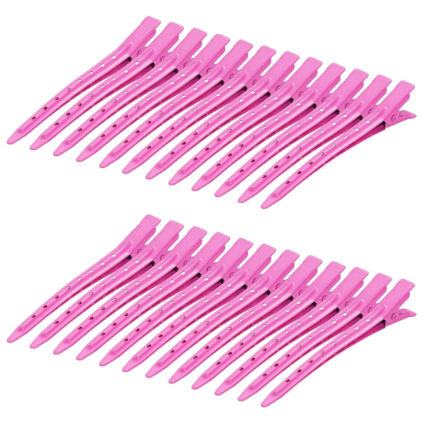24-pack ankläppsklipp, 3,35 tum rostfria metallkrokodilklämmor med hål för hårstyling, hårfärgning Rose Red
