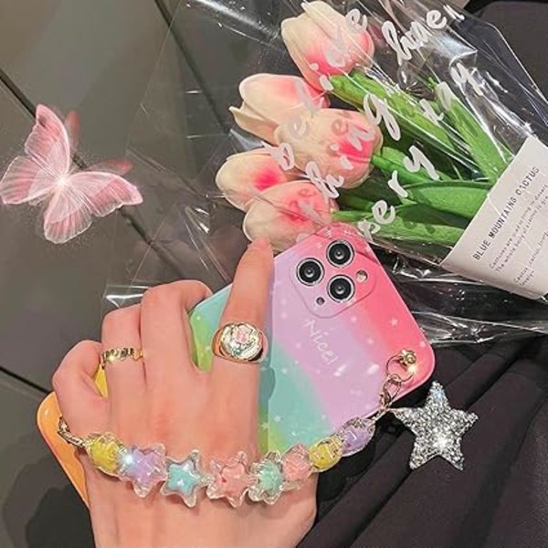 Gradient Regnbue Deksel Kompatibelt med iPhone 12 Pro Max Søt Kawaii 3D Krystall Fargerik Stjerne Håndstropp Design Myk TPU Beskyttende