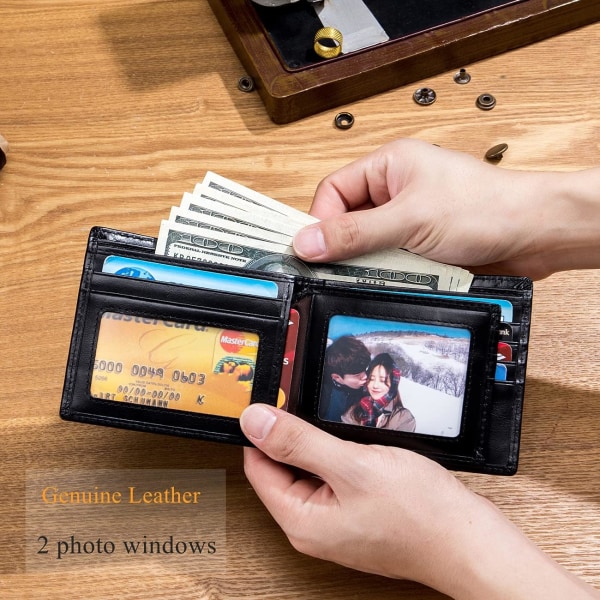 RFID-plånböcker för män, smal bifold äkta läderplånbok med 2 ID-fönster framficka QB-05 (svart) Black