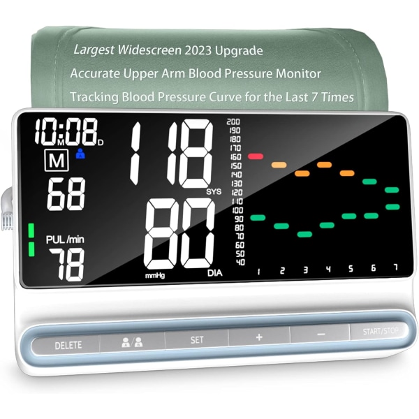 Nøyaktige blodtrykksmålere 2023, Smart Track AVG BP-kurve og største widescreen LED-skjerm, Justerbar blodtrykksmansjett, Smart blodtrykk M