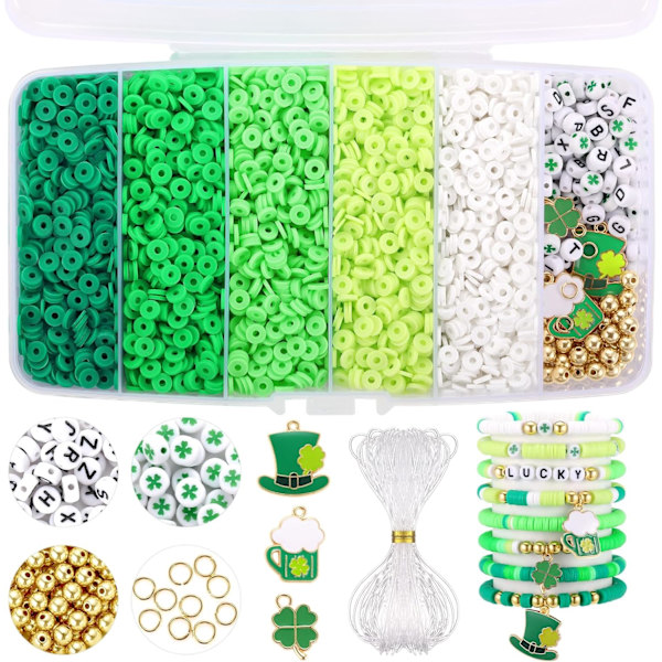 5100+ st St. Patrick's Day Clay Beads Armband Making kit, Gröna Heishi Beads Polymer Clay Beads för Smyckestillverkning, Vänskapsarmband Kit med Go Green