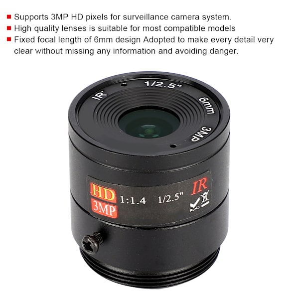 6mm 3MP HD F1.4 1/2.5 CS-fäste CCTV-objektiv för kamera
