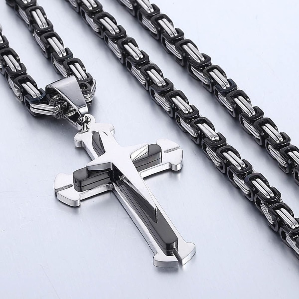 Kors vedhæng halskæde mænd drenge rustfrit stål guld sølv byzantinsk kæde 22 24 26 28 30 tommer 22inch Black Silver Tone
