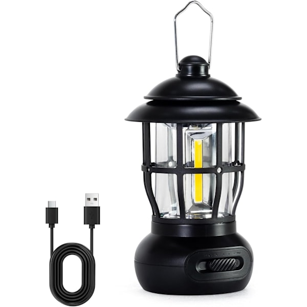 Ladattava LED-retkeilylyhty - 2 tilaa, Type-C IPX4 Vedenpitävä Ripustus katkoksille, piknikeille ja matkoille Black