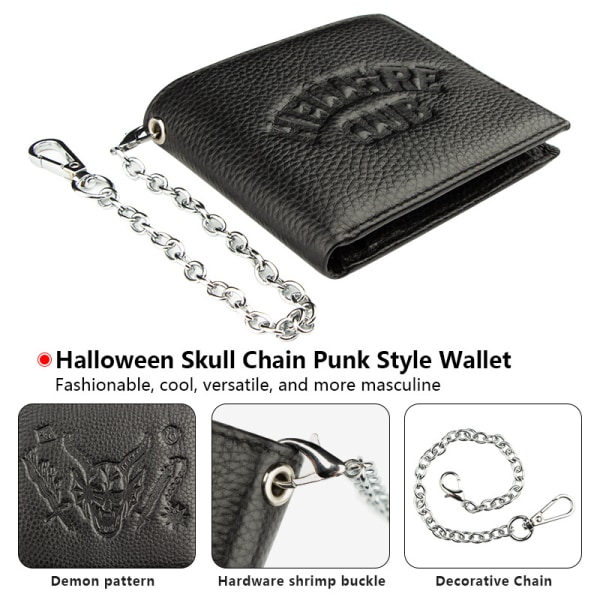 Halloween plånbok, Punk äkta läder kort plånbok med kedja, pengaklämma, horisontell plånbok med myntficka, Halloween present för män