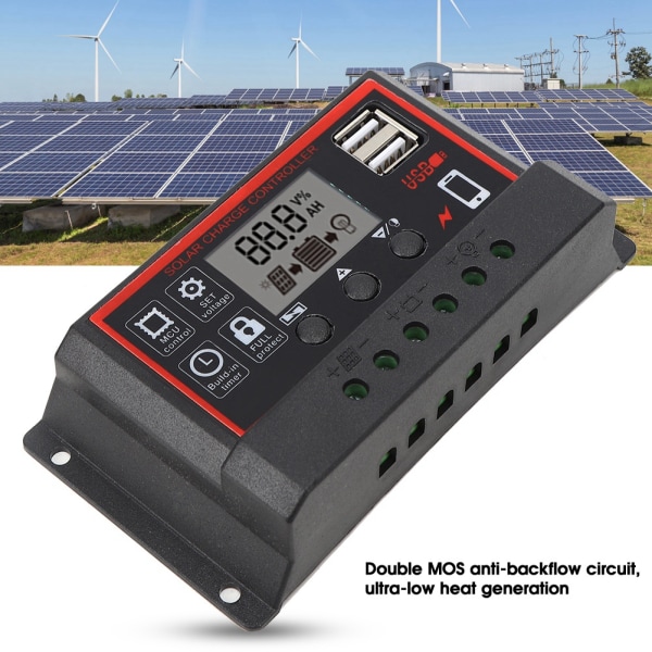 LCD Solcelle Laderegulator 5V /2.5A Dobbelt USB PWM Cellepanel Regulator Automatisk Identifikation 12V 24V50A