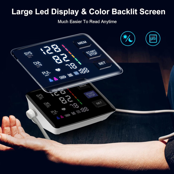Blodtrycksmätare, 9-17'' & 13-21'' Extra stor blodtrycksmanschett överarm, LED-färgbakgrundsbelyst skärm Automatisk digital blodtrycksmaskin
