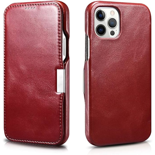 Läderfodral Kompatibelt med iPhone 12 Pro - Äkta Läder Flip Fodral i Vintage Stil med Magnetlåsning - röd