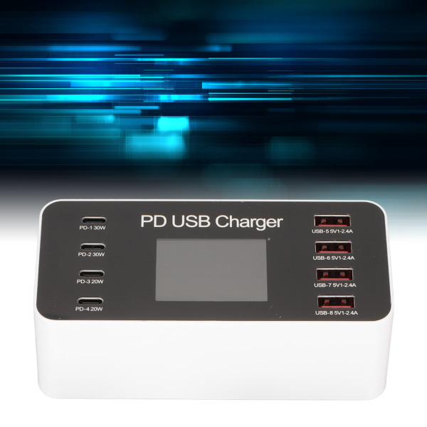 USB Ladestasjon 65W Hub 8 Porter USB A USB C PD Rask Multilading Dock Kretsbeskyttelse 100‑240V for telefoner Nettbrett EU-plugg