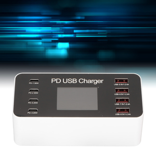 USB-ladestasjon 65W Hub 8 porter USB A USB C PD Rask multilading dokretsbeskyttelse 100‑240V for telefoner nettbrett EU-plugg