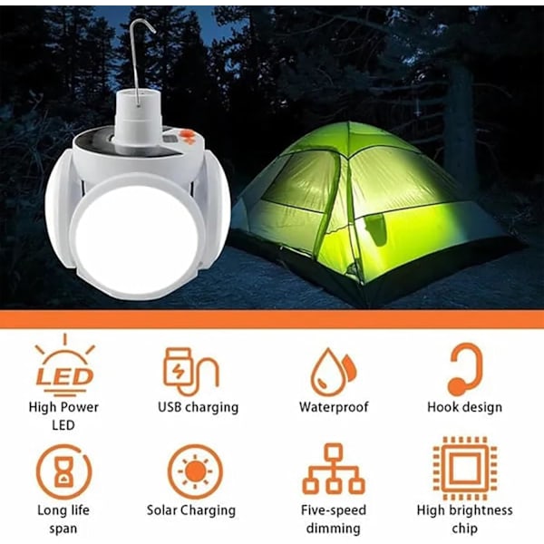 2-in-1 kokoontaitettava aurinko- ja USB-retkeilylyhty - 5-vaiheinen himmennys, kaukosäädin ja koukku ulkokäyttöön