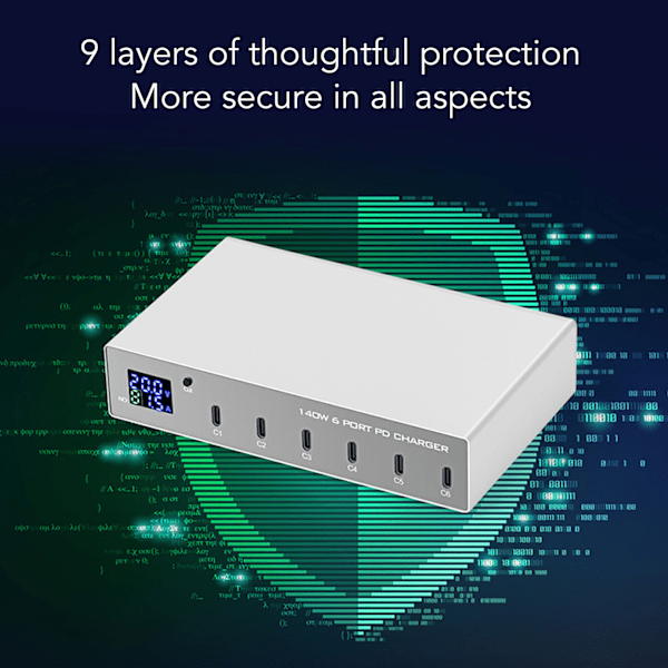 140W USB C-lader Strømadapter 6 Port PD Lader Mobiltelefon Digital Smart Hurtigladestasjon for iPhone for Android-telefon 100‑240V EU-plugg